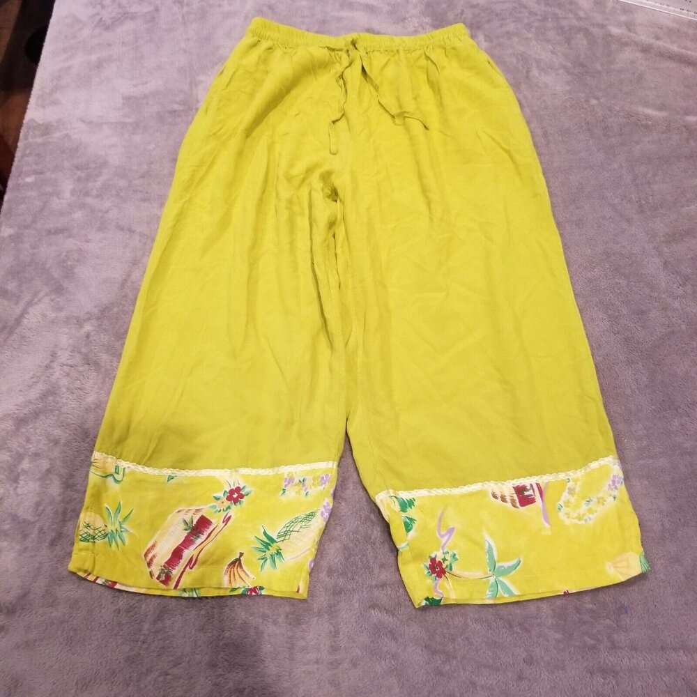 Tropical Resortwear Women's Large High Waisted Cropped Pants Elastic Waist Lime